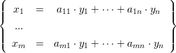 (|                                )|
||{  x1  =   a11 ⋅y1 + ⋅⋅⋅+ a1n ⋅yn ||}
   ...
|||(                                |||)
  xm   =  am1 ⋅y1 + ⋅⋅⋅+ amn ⋅yn